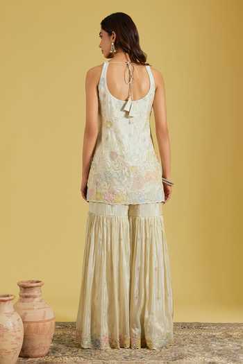 Shop_Meenagurnam_Beige Tissue Embroidery, Sequins, Beads V-neck Flower Jaal Kurta Gharara Set _at_Aza_Fashions
