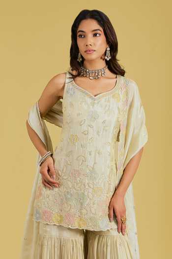 Buy_Meenagurnam_Beige Tissue Embroidery, Sequins, Beads V-neck Flower Jaal Kurta Gharara Set _Online_at_Aza_Fashions