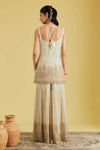 Shop_Meenagurnam_Beige Tissue Embroidery, Sequins, Beads V-neck Motif Kurta Gharara Set _at_Aza_Fashions