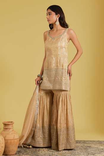 Buy_Meenagurnam_Beige Tissue Sequins, Beads V-neck Embroidered And Woven Kurta Gharara Set _at_Aza_Fashions