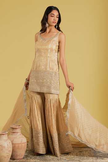 Meenagurnam_Beige Tissue Sequins, Beads V-neck Embroidered And Woven Kurta Gharara Set _Online_at_Aza_Fashions
