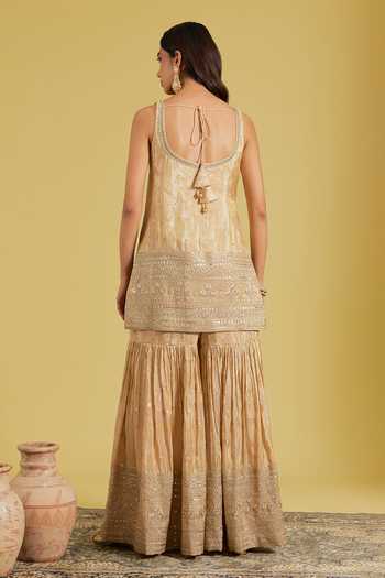 Shop_Meenagurnam_Beige Tissue Sequins, Beads V-neck Embroidered And Woven Kurta Gharara Set _at_Aza_Fashions