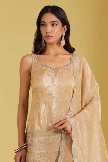 Buy_Meenagurnam_Beige Tissue Sequins, Beads V-neck Embroidered And Woven Kurta Gharara Set _Online_at_Aza_Fashions