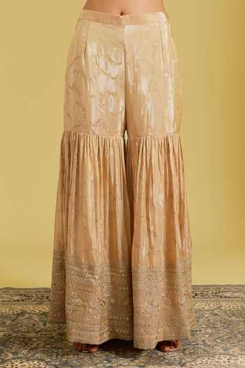 Shop_Meenagurnam_Beige Tissue Sequins, Beads V-neck Embroidered And Woven Kurta Gharara Set _Online_at_Aza_Fashions