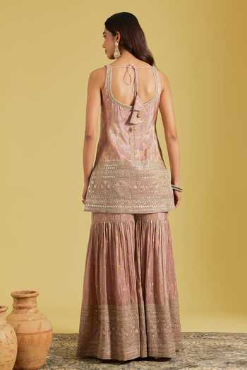 Shop_Meenagurnam_Rose Gold Tissue Sequins, Beads Sweetheart Neck Embroidered Kurta Gharara Set _at_Aza_Fashions
