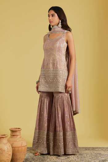Meenagurnam_Rose Gold Tissue Sequins, Beads Sweetheart Neck Embroidered Kurta Gharara Set _Online_at_Aza_Fashions