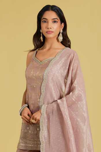 Buy_Meenagurnam_Rose Gold Tissue Sequins, Beads Sweetheart Neck Embroidered Kurta Gharara Set _Online_at_Aza_Fashions