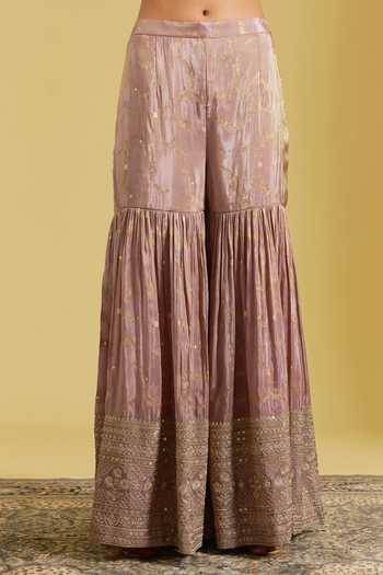 Shop_Meenagurnam_Rose Gold Tissue Sequins, Beads Sweetheart Neck Embroidered Kurta Gharara Set _Online_at_Aza_Fashions