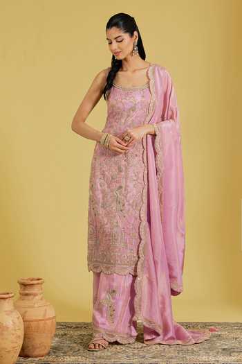 Buy_Meenagurnam_Pink Tissue Beads, Sequins, Zari Peacock Embroidered Straight Kurta Palazzo Set _at_Aza_Fashions