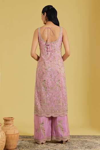 Shop_Meenagurnam_Pink Tissue Beads, Sequins, Zari Peacock Embroidered Straight Kurta Palazzo Set _at_Aza_Fashions