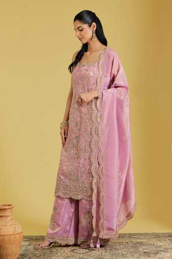 Meenagurnam_Pink Tissue Beads, Sequins, Zari Peacock Embroidered Straight Kurta Palazzo Set _Online_at_Aza_Fashions