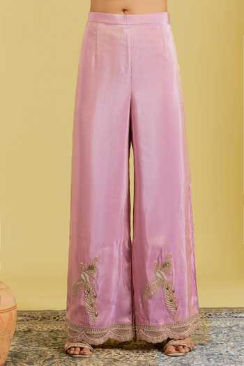 Buy_Meenagurnam_Pink Tissue Beads, Sequins, Zari Peacock Embroidered Straight Kurta Palazzo Set _Online_at_Aza_Fashions