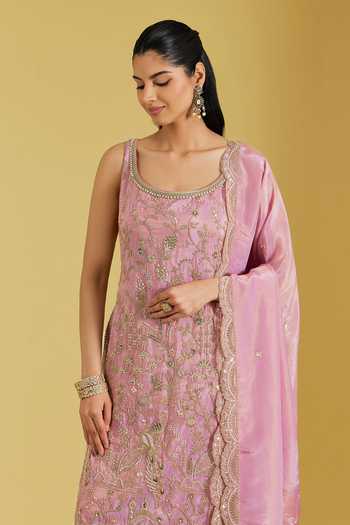 Shop_Meenagurnam_Pink Tissue Beads, Sequins, Zari Peacock Embroidered Straight Kurta Palazzo Set _Online_at_Aza_Fashions