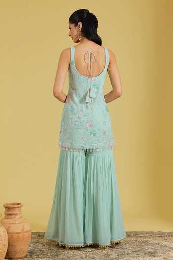 Shop_Meenagurnam_Green Georgette Embroidery, Sequins, Flower Jaal Resham Kurta And Gharara Set _at_Aza_Fashions