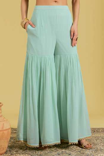 Meenagurnam_Green Georgette Embroidery, Sequins, Flower Jaal Resham Kurta And Gharara Set _Online_at_Aza_Fashions