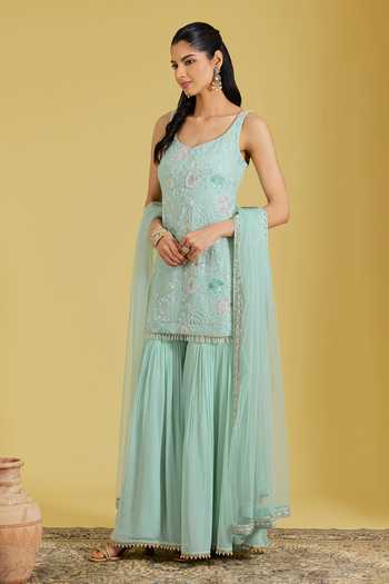Buy_Meenagurnam_Green Georgette Embroidery, Sequins, Flower Jaal Resham Kurta And Gharara Set _Online_at_Aza_Fashions