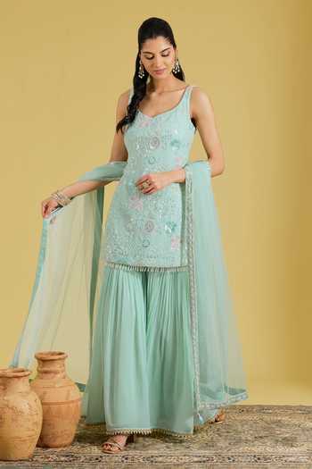 Buy_Meenagurnam_Green Georgette Embroidery, Sequins, Flower Jaal Resham Kurta And Gharara Set _at_Aza_Fashions