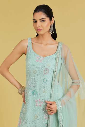Shop_Meenagurnam_Green Georgette Embroidery, Sequins, Flower Jaal Resham Kurta And Gharara Set _Online_at_Aza_Fashions