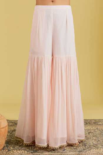 Meenagurnam_Pink Georgette Sequins, Beads, Stones V-neck Flower Jaal Kurta Gharara Set _Online_at_Aza_Fashions