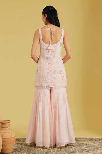 Shop_Meenagurnam_Pink Georgette Sequins, Beads, Stones V-neck Flower Jaal Kurta Gharara Set _at_Aza_Fashions