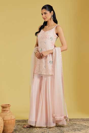 Buy_Meenagurnam_Pink Georgette Sequins, Beads, Stones V-neck Flower Jaal Kurta Gharara Set _Online_at_Aza_Fashions