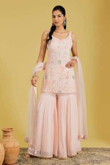 Buy_Meenagurnam_Pink Georgette Sequins, Beads, Stones V-neck Flower Jaal Kurta Gharara Set _at_Aza_Fashions