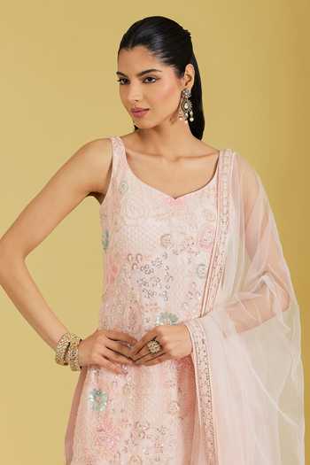 Shop_Meenagurnam_Pink Georgette Sequins, Beads, Stones V-neck Flower Jaal Kurta Gharara Set _Online_at_Aza_Fashions