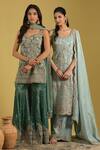 Shop_Meenagurnam_Green Tissue Embroidery, Sequins, Beads Resham Kurta Gharara Set _Online_at_Aza_Fashions