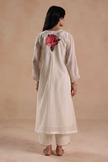 Shop_Begum_Ivory Chanderi Silk, Cotton Applique, Kamal Floral Embroidered Kurta And Pant Set _at_Aza_Fashions