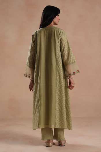 Shop_Begum_Green Chanderi Silk, Jacquard, Cotton, Organza Rua Placement Kurta Set _at_Aza_Fashions