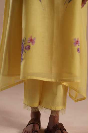 Begum_Yellow Silk, Chanderi, Cotton Embroidery Notched Neck Urvi Kurta And Pant Set _Online_at_Aza_Fashions