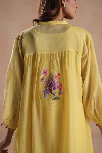 Begum_Yellow Silk, Chanderi, Cotton Embroidery Notched Neck Urvi Kurta And Pant Set _at_Aza_Fashions