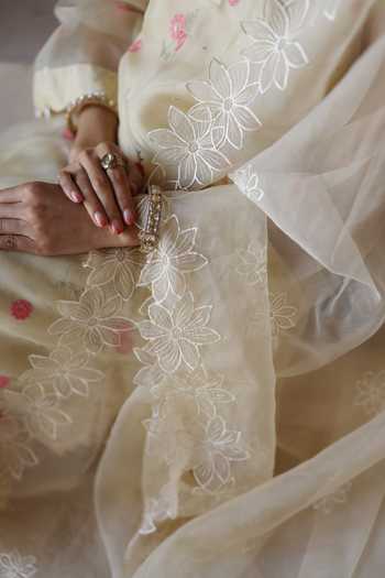 Begum_Ivory Chanderi Silk, Cotton, Organza Lace Round Siara Yoke Embroidered Kurta Set 