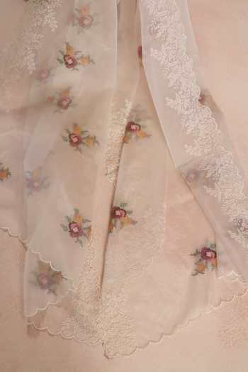 Begum_Ivory Chanderi Silk, Cotton, Organza Lace Round Siara Yoke Embroidered Kurta Set 