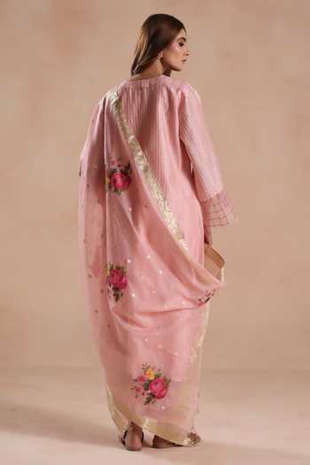 Shop_Begum_Pink Silk, Chanderi, Jacquard, Cotton Embroidery, Zari V-neck Sidra Kurta Set _at_Aza_Fashions