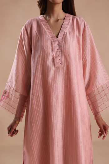 Begum_Pink Silk, Chanderi, Jacquard, Cotton Embroidery, Zari V-neck Sidra Kurta Set _at_Aza_Fashions