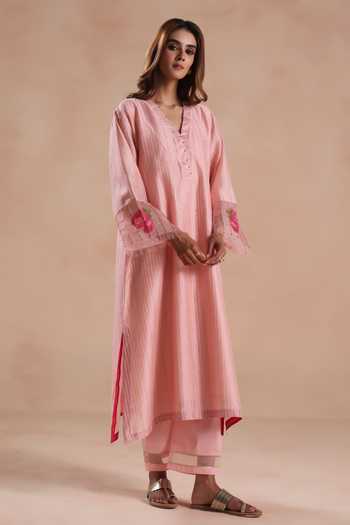 Buy_Begum_Pink Silk, Chanderi, Jacquard, Cotton Embroidery, Zari V-neck Sidra Kurta Set 