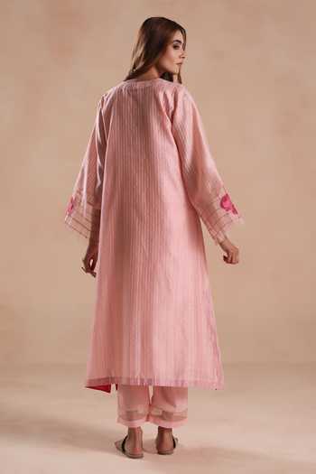 Shop_Begum_Pink Silk, Chanderi, Jacquard, Cotton Embroidery, Zari V-neck Sidra Kurta Set 