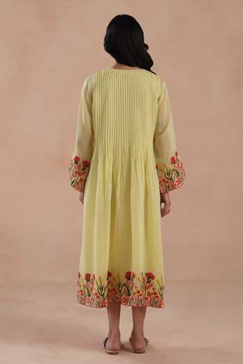Shop_Begum_Yellow Chanderi Silk, Cotton Embroidery Round Neck Swara Dress _at_Aza_Fashions