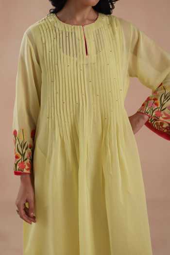 Begum_Yellow Chanderi Silk, Cotton Embroidery Round Neck Swara Dress _Online_at_Aza_Fashions