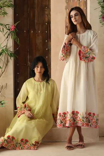Buy_Begum_Yellow Chanderi Silk, Cotton Embroidery Round Neck Swara Dress _Online_at_Aza_Fashions