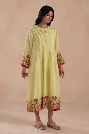 Shop_Begum_Yellow Chanderi Silk, Cotton Embroidery Round Neck Swara Dress _Online_at_Aza_Fashions