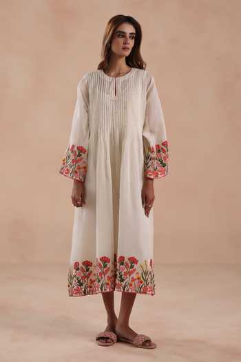 Buy_Begum_Ivory Chanderi Silk, Cotton Embroidery Round Neck Swara Dress _at_Aza_Fashions
