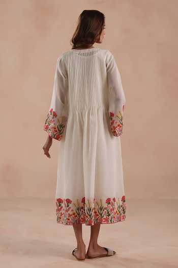 Shop_Begum_Ivory Chanderi Silk, Cotton Embroidery Round Neck Swara Dress _at_Aza_Fashions