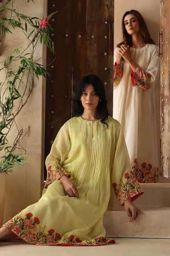 Begum_Ivory Chanderi Silk, Cotton Embroidery Round Neck Swara Dress _Online