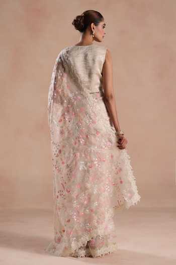 Shop_Begum_Pink Organza, Silk Embroidery, Lace, Zari Round Solana Flower Saree With Blouse _at_Aza_Fashions