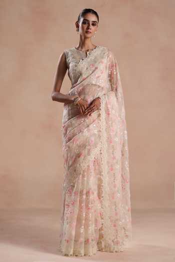 Begum_Pink Organza, Silk Embroidery, Lace, Zari Round Solana Flower Saree With Blouse _Online_at_Aza_Fashions