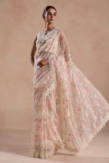 Buy_Begum_Pink Organza, Silk Embroidery, Lace, Zari Round Solana Flower Saree With Blouse _Online_at_Aza_Fashions