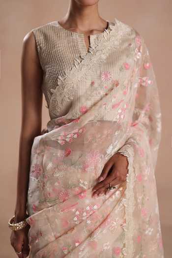 Buy_Begum_Pink Organza, Silk Embroidery, Lace, Zari Round Solana Flower Saree With Blouse 
