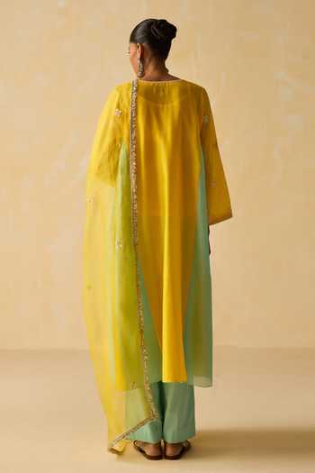 Shop_Shikha Mehta_Yellow , Chanderi, Cotton, Organza Embroidery V-neck Hand Kurta Set _at_Aza_Fashions